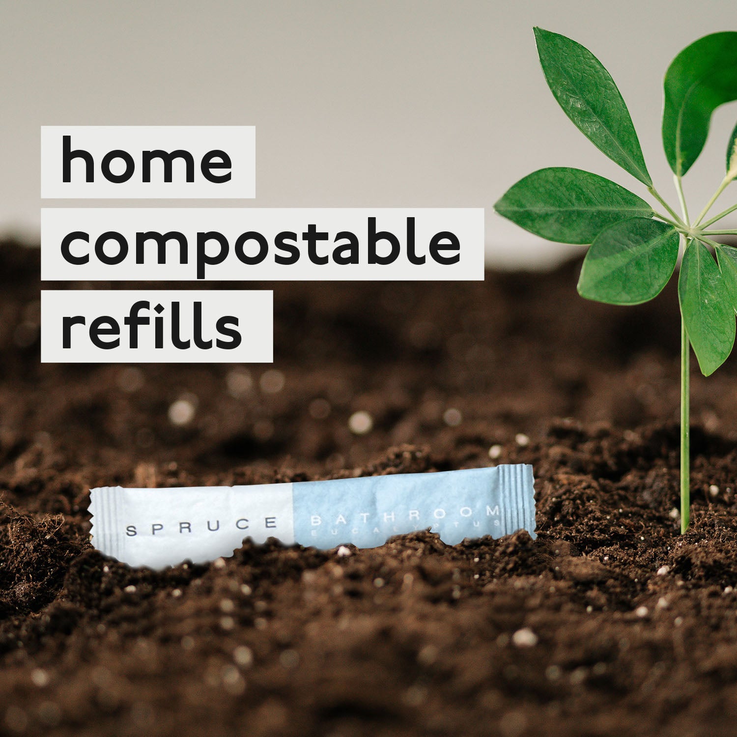 A compostable shower cleaning refill shown in soil ready to biodegrade