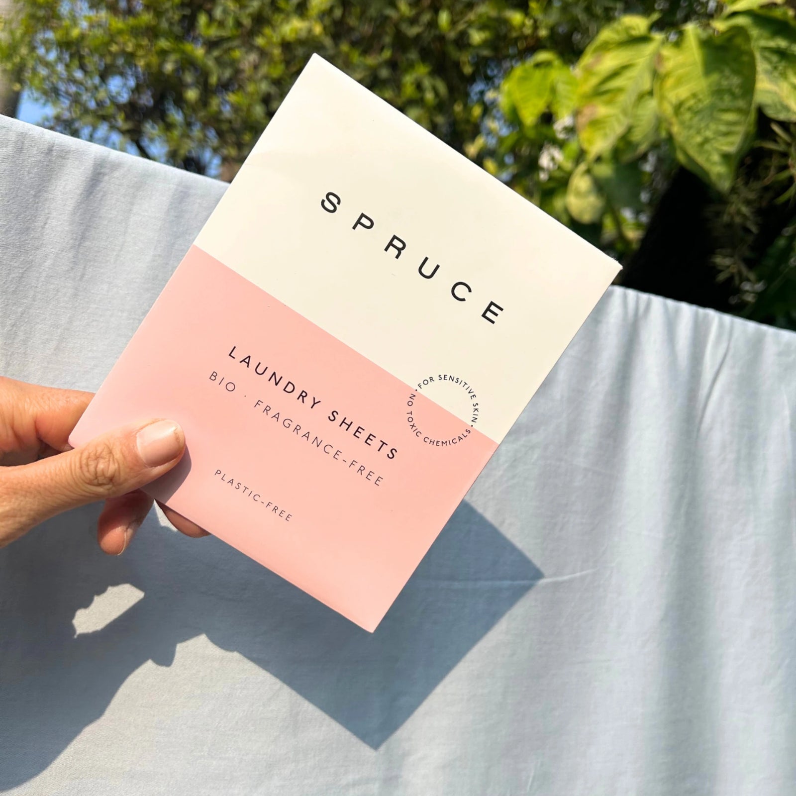 Hand holding Spruce laundry detergent sheets box outdoors - plastic-free, fragrance-free laundry sheets for sensitive skin.
